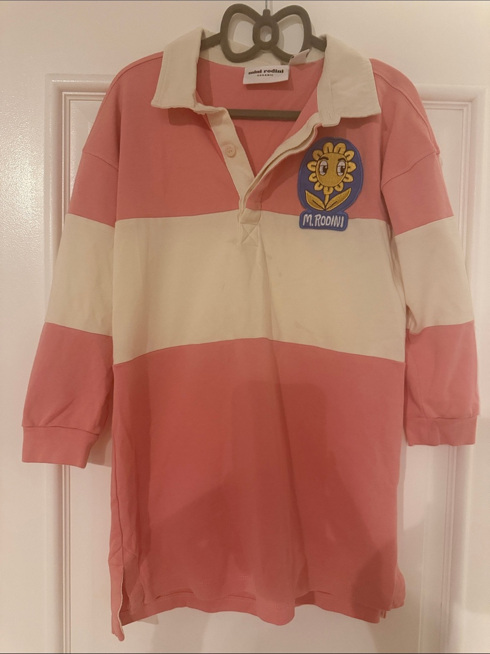 Mini Rodini Coral Pink and Cream Striped Rugby Top with Sunflower Patch